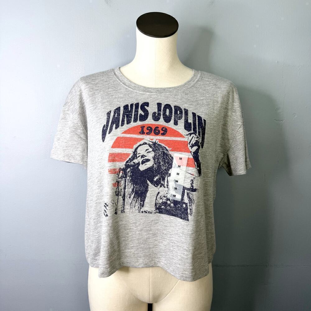 Janis Joplin Old Navy Pop Culture Graphic Crop Tee for Women Heathered Gray Sz M
